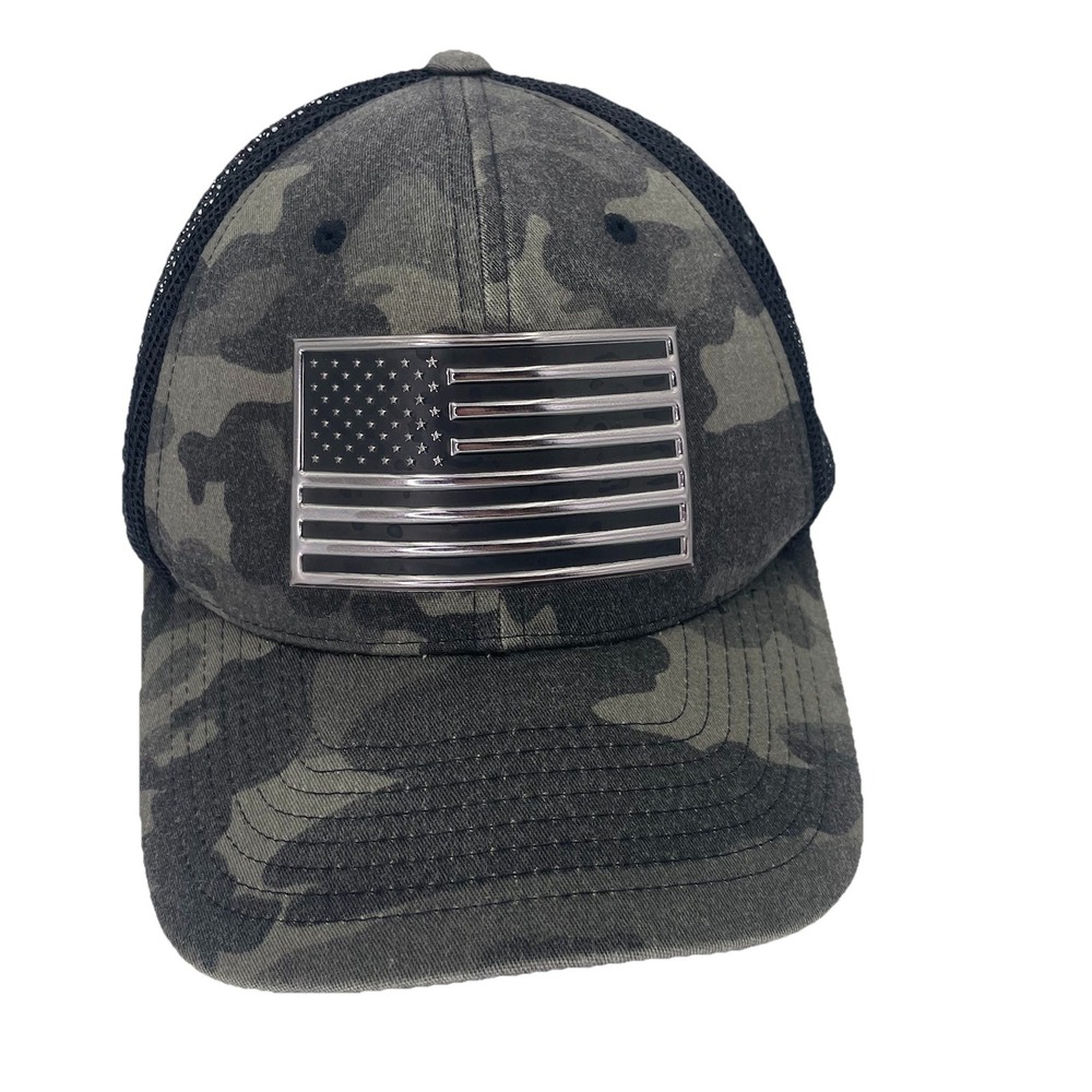 U.S. American Flag Trucker Hat Black and Gray Camo Mesh Back Adjustable Snap